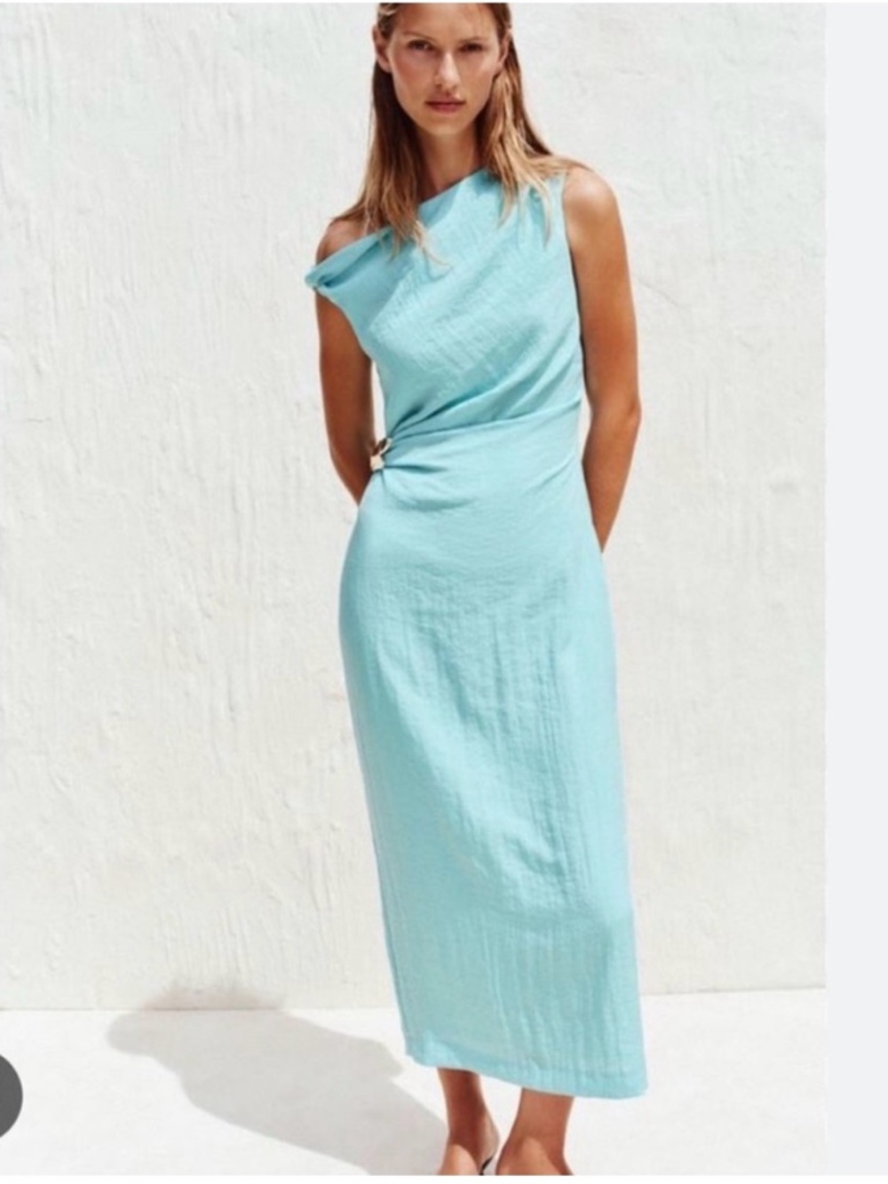 NWOT Zara One-Shoulder Aqua Blue Midi Dress